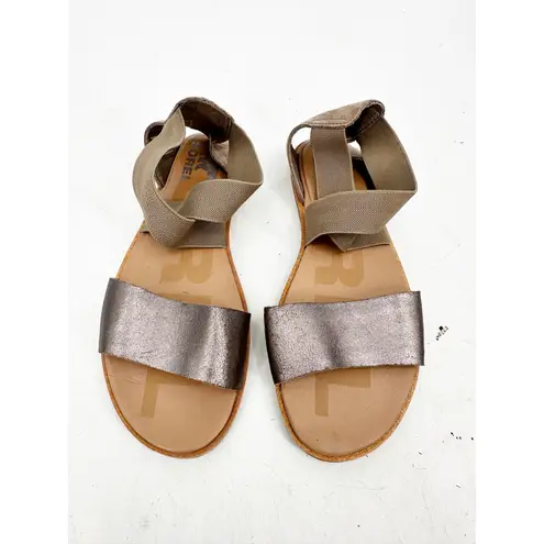 Sorel  Ella Sandal Pewter Metallic Ash Brown Leather Sandals Women’s Size 7.5