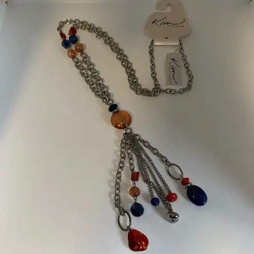 kim rogers Long Station & Tassel Necklace Silver Tone w Orange & Blue Beads
