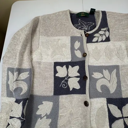 Orvis Vtg Womens Patchwork Leaf Cardigan Sweater L Gray Button Front Knit Y2K