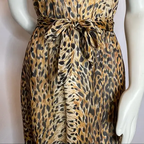 Vintage Sheer Leopard Print Dress Flutter Sleeves Animal Jungle 80s Collar Midi Size XS