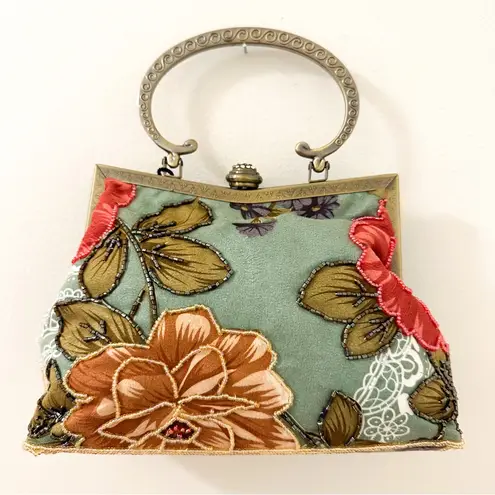 Max Mayer Vintage Floral Beaded Victorian Bag Handbag Purse Sage green Pink