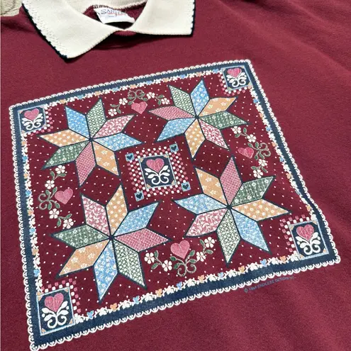 90s Santee Pluma Vintage Grandma Sweatshirt Collared Patchwork Quilt USA L Large Red