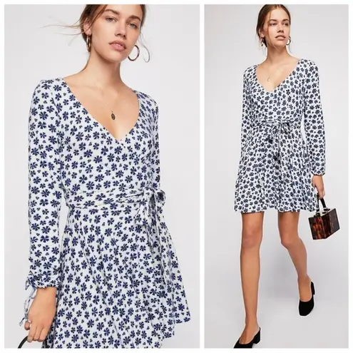 Free People  Small Wrap V Neck Mini Floral Long Sleeve Dress White Blue Pradera