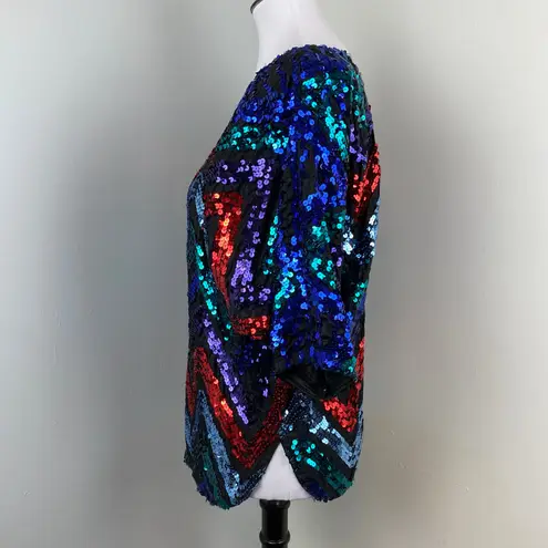 Vintage Rob Hill Colorful Chevron Sequin Batwing Blouse Disco Glam NYE Small Black