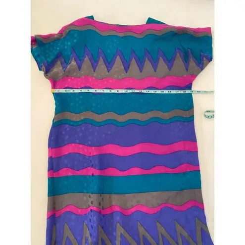 Vintage Flora Kung Silk 1980s Abstract Colorblock Granny Shift Dress Sz 6 Petite Blue