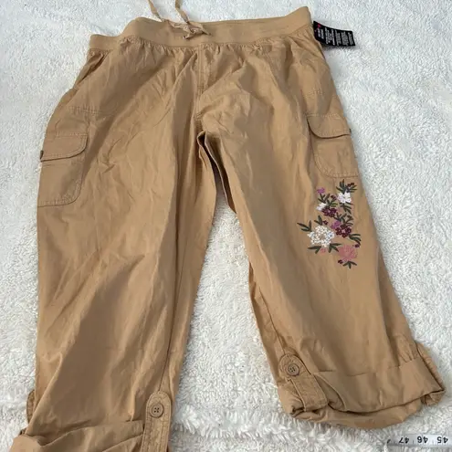 Woman Within NWT Women's Sz 22W Plus Sz Khaki Tan Embroidered Floral Pants