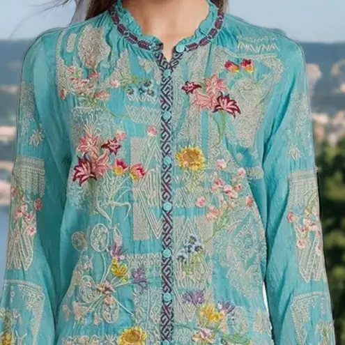 Johnny Was heavily embroidered “Albee” blouse in marine blue NWT