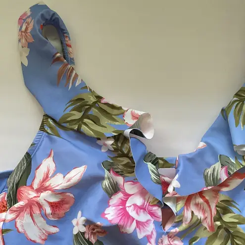 Kona Sol ruffle strap blue floral high coverage one piece swimsuit, size XL