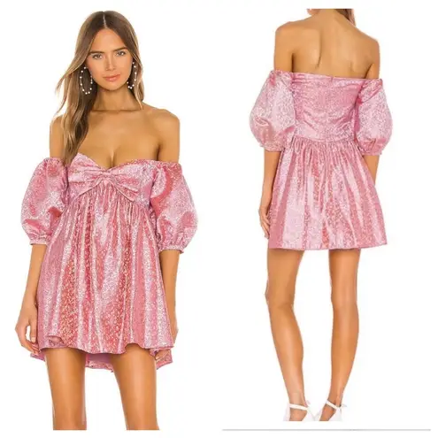 SAU LEE Arabella Mini Dress in Candy Pink Jacquard Floral Bow Puff Sleeve US 8