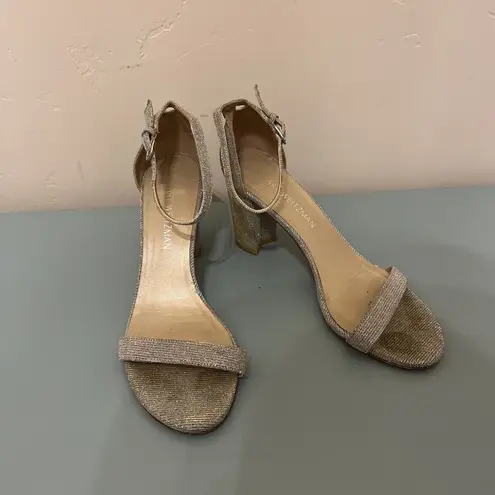 Stuart Weitzman  Women's Nearly Nude Ankle Strap Sandals Silver Gold Wedding