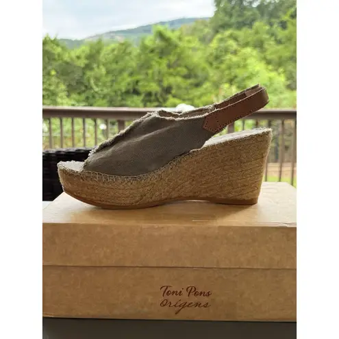 TONI PONS Women's 'Lugano' Espadrille Wedge Sandal Size 38 US 7.5 Canvas Raffia Gray