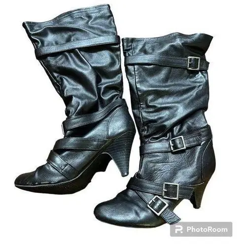 SM New York Womens High Heel Boots Marina Faux Leather Buckle Knee Black Sz 8.5