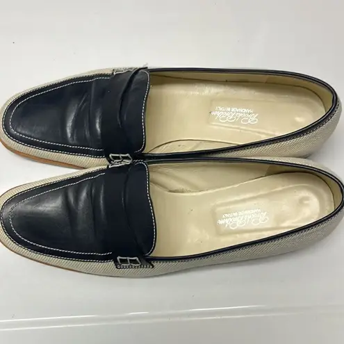 Brooks Brothers Beige Navy Twill and Leather Classic Slip-On Loafers- Size 8