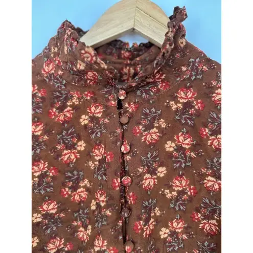 April Cornell Top Medium Floral Brown Button Retro Cottagecore Boho Peasant