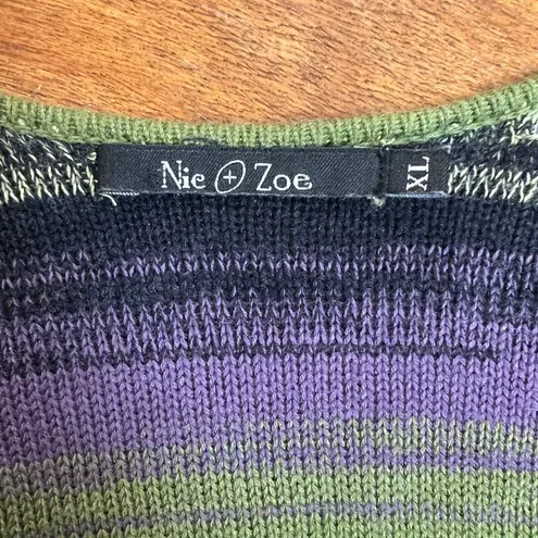 Nic+Zoe Cardigan Sweater Womens XL Green Purple Stripe Draped Front Long Sleeve
