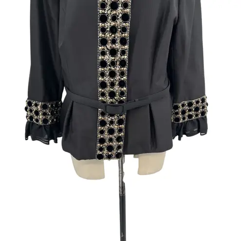 Escada Jacket Blazer Beaded Embellished Satin Peplum Ruffle Size 46 US 16 Black