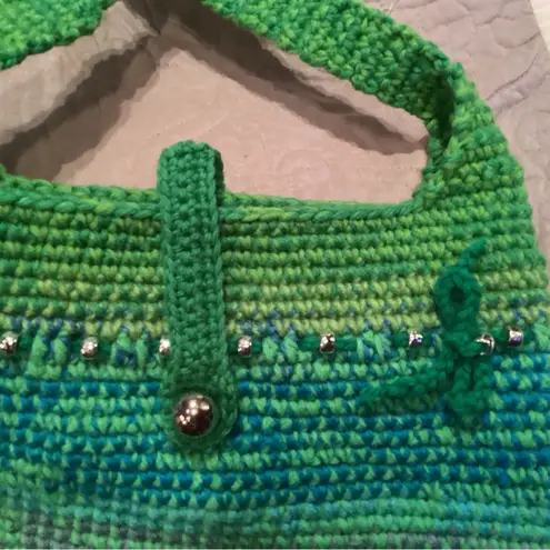 Handmade Crocheted Purse in multi-green with blue yarn and display's Silver beads
