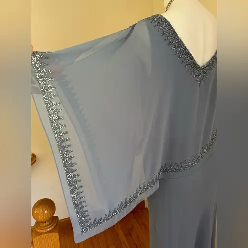 Kara J NWTS Overlay Asymmetrical Maxi Evening Dress Dusty Blue Sheer Bea…