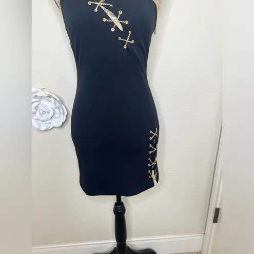 DO+BE NTM: One Shoulder Bodycon Cut Out w/ Metallic Chains Black Mini Dress Sz S