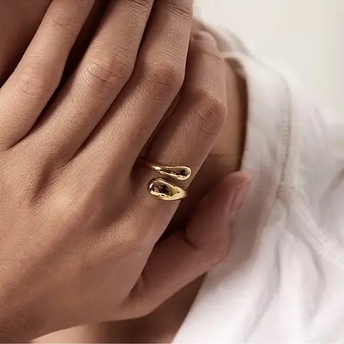 Boutique NEW Yellow Gold S925 Water Drop Open‎ Wrap Band Ring, Adjustable