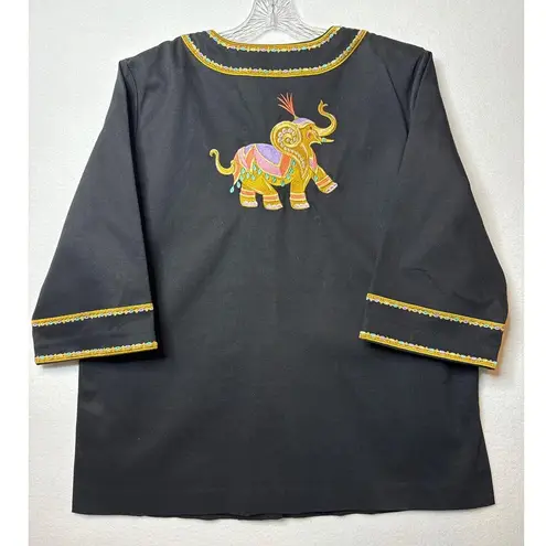 Bob Mackie wearable art black coat embroidered Elephants gold logo buttons large