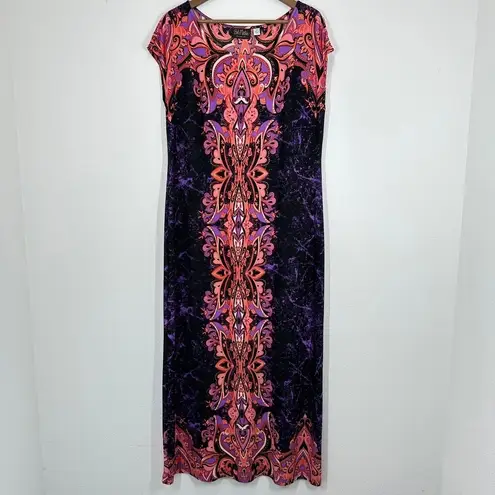 Bob Mackie Wearable Art Maxi Dress Black Purple Orange Paisley Print Cap Sleeve