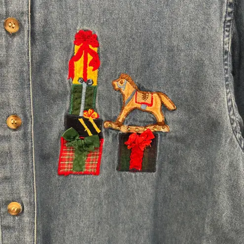 Christmas Button Down Large Denim Vintage Contrasting Collar Chambray Embroidery Blue