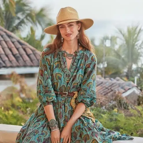 Sundance Catalog Alden Midi Dress Abstract Peacock Belted Medium Cotton Lined Blue