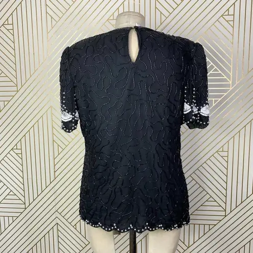 Laurence Kazar Vintage Beaded Blouse in Black & White Gatsby Size Petite Small