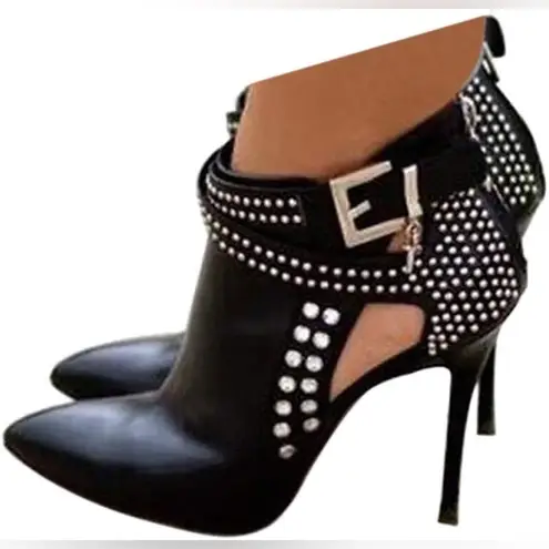 Sexy Black Rhinestone Faux Leather Stiletto Booties Size 8