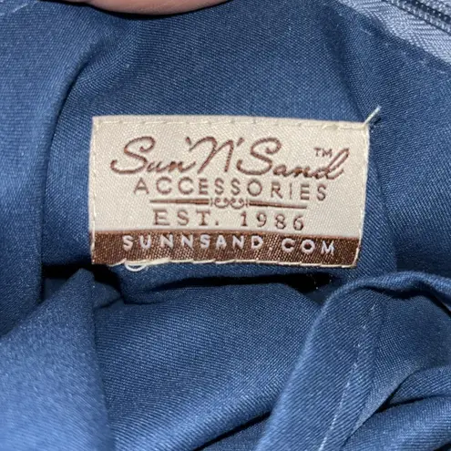 SUN AND SAND TAN WOVEN SHOULDER BAG BLUE & CREME COLOR CLOTH DESIGN WITH FRINGE