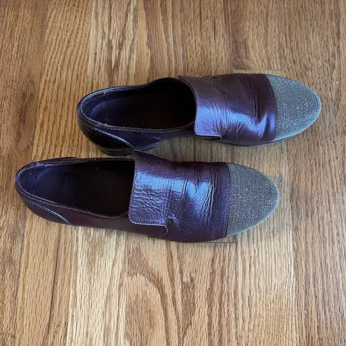 Brunello Cucinelli Metallic Cap Toe Leather Flats Burgundy Slip-On Loafers 36