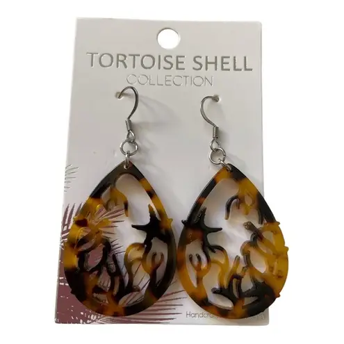 Hand Crafted Teardrop Ocean Cut Out Faux Tortoise Shell Dangle Earrings