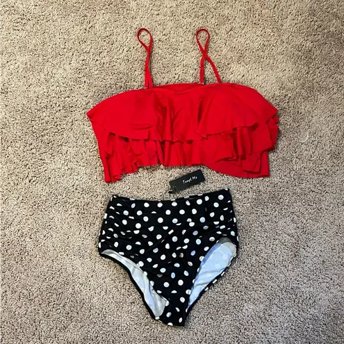 Tempt Me Two Piece High Waisted Bikini Red Black White Dots Size Medium