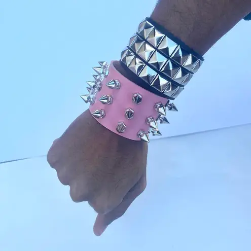 2 pcs Gothic PU leather Studded Spike bracelets , Pink and Black Punk Grunge wristbands , Multiple