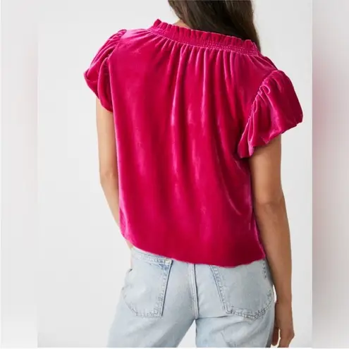 Free People  Therese Hot Pink Velvet Velour V-Neck Flutter Sleeve Top Small