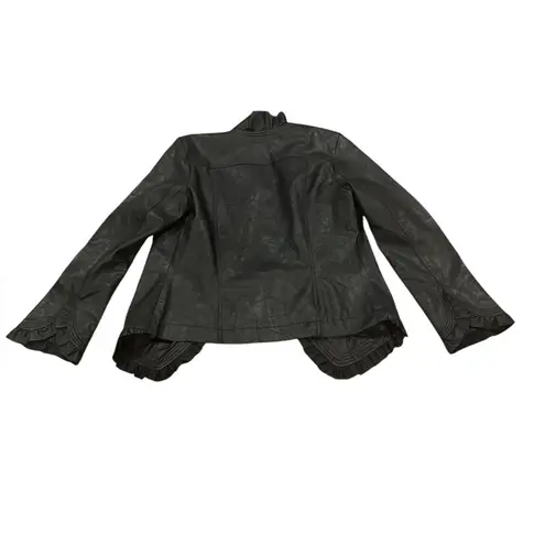 HOT IN HOLLYWOOD BLACK FAUX LEATHER PLEATHER RUFFLE TRIM JACKET M Size M