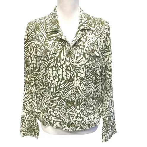 Tahari Tropical Print Linen Blend Blazer Jacket Womens Size Medium Forest Fairy