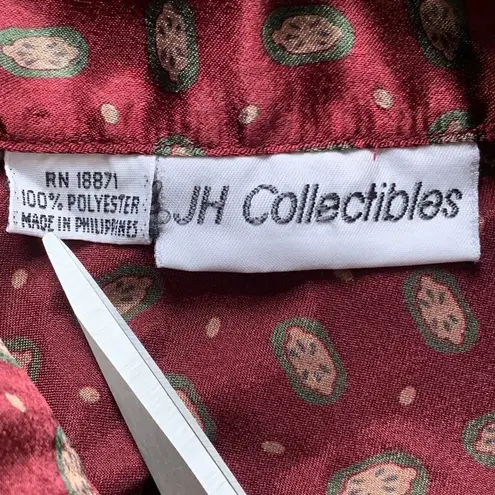 Vintage JH Collectibles Blouse Burgundy Print Satiny Pajama Style Long Sleeve Red Size M