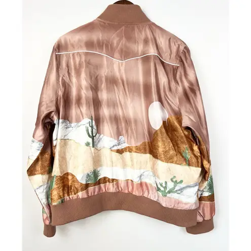 Hooey Satin Bomber Jacket XL Women’s Pink Desert Western Landscape Print Zip Up Brown