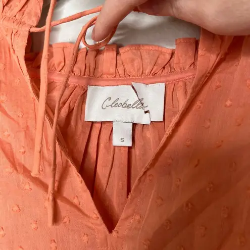 Cleobella Organic Cotton Orange Textured Long Sleeve Tie Neck Tunic Blouse XS