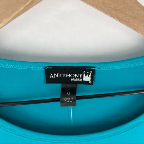 Antthony Teal Stretchy Liquid Knit Floral Leaf Print Mesh Sleeves Hem Tunic Blue Size M