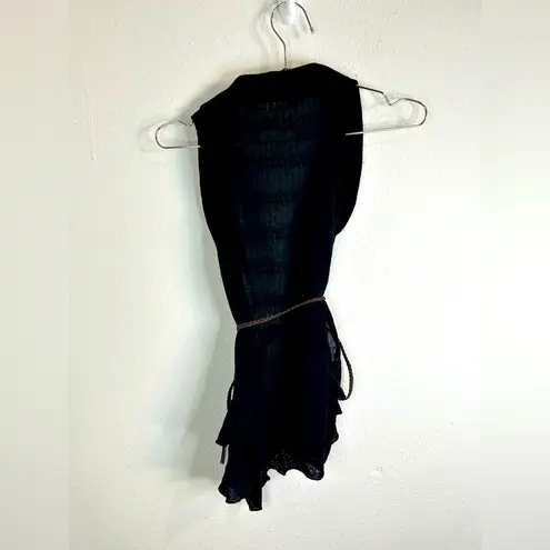 belle du jour Black Drape Vest Top S Boho Knit Sleeveless Open Belted Ruffle Hem