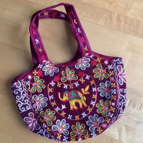 Embroidered Elephant Zipper Velvet Handbag, Maroon, Burgundy, Gold, Yellow Red