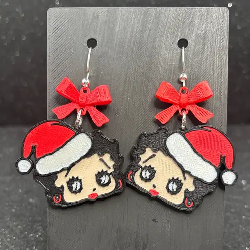 Betty Boop Christmas Earrings with Red Bow & Silver Accents