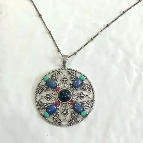 Artisan Vintage Sterling Silver Turquoise Garnet Onyx Lapis Pendant & Station Necklace