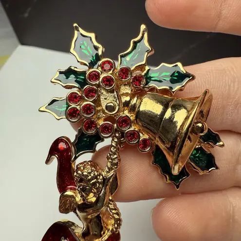Smithsonian Avon Christmas Bells Cherub Angel Rhinestone Enamel Brooch Pin Gold