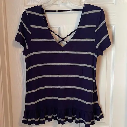 Chaser  blue and gray striped vneck top with ruffle on bottom hem