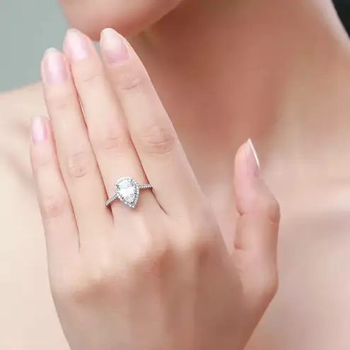 Sterling Silver SIZE 7 925 3CT Emerald Cut Sparkling Water Drop Shape Rings