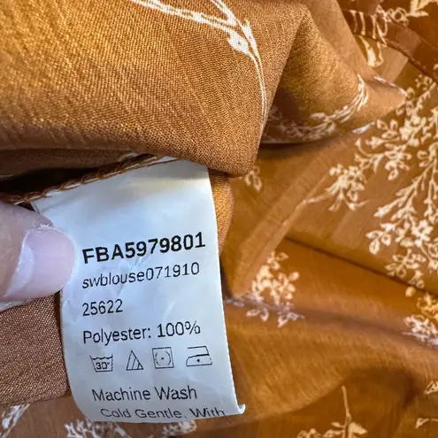 Floral Print Blouse Ruffle Mock Neck Long Sleeve Brown Top Size L Size L